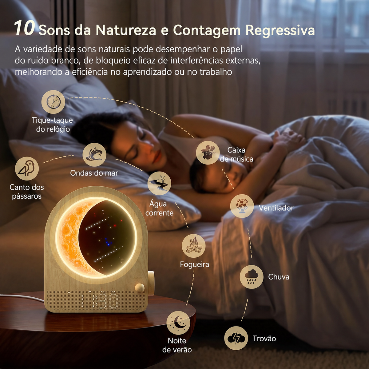Lunari™ Glow | Despertador Lunar com Luz Ambiente LED e Simulador do Nascer do Sol