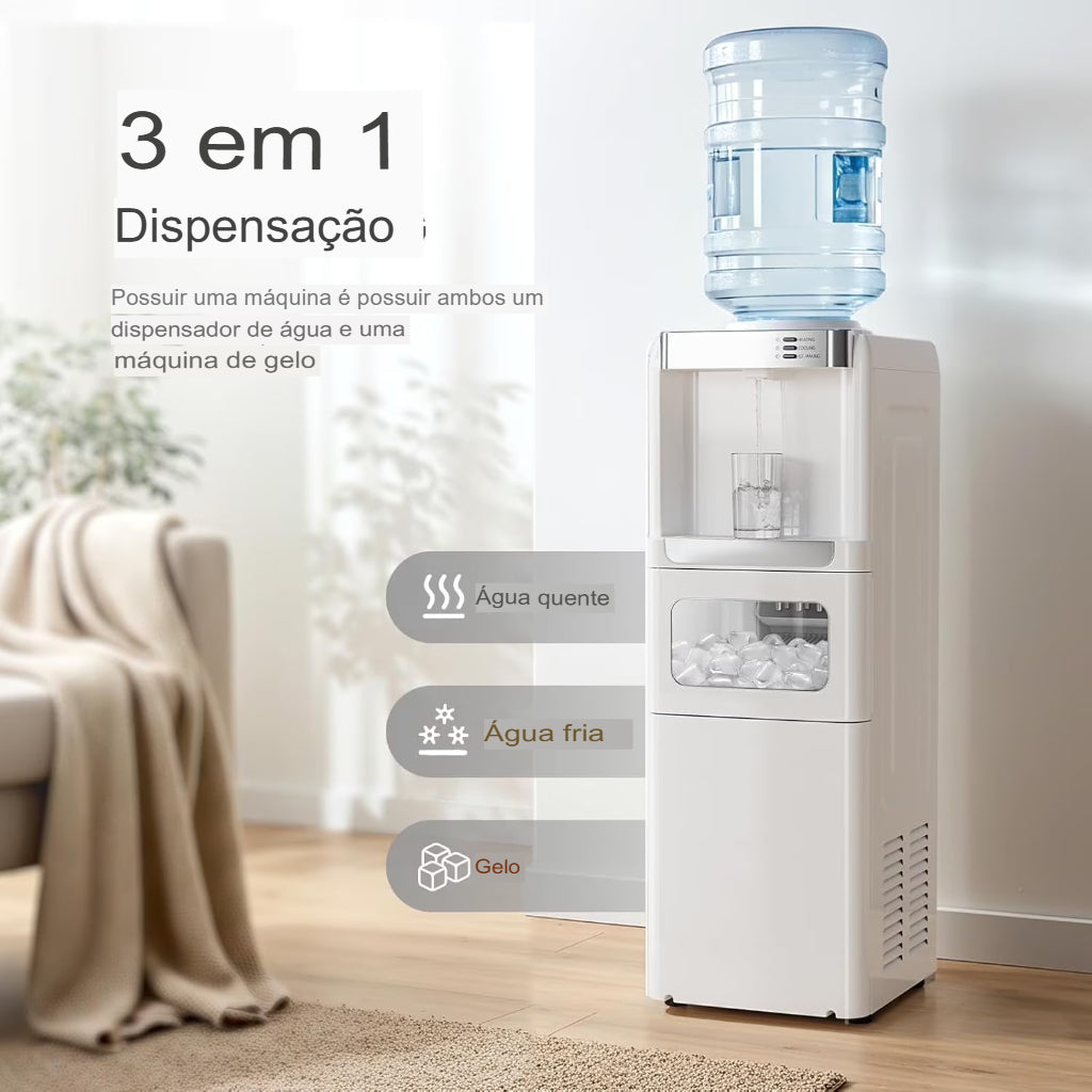 Dispenser com Máquina de Gelo AquaIce Pro™ 3 em 1 – Água Quente, Fria e Gelo Automático para Casa e Escritório