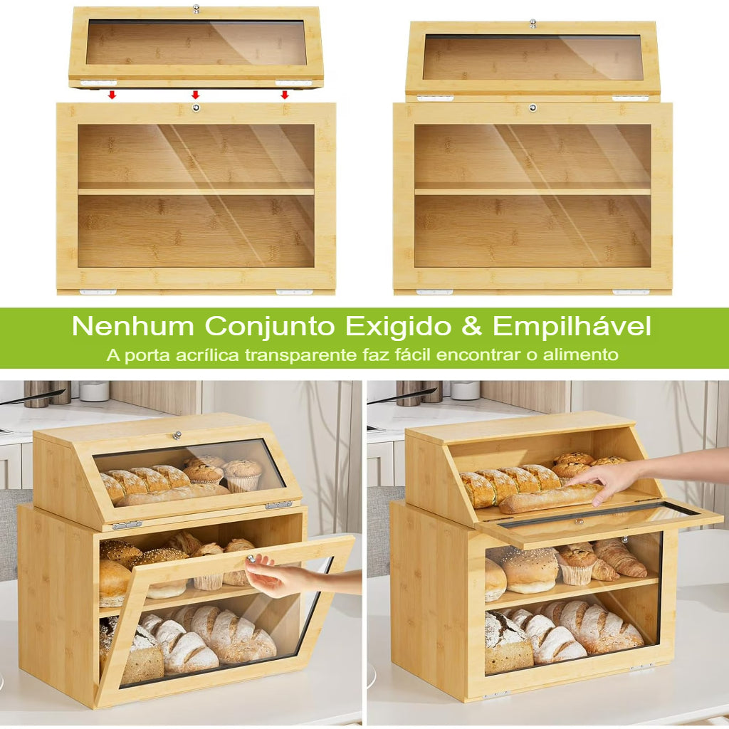Caixa Organizadora de Pão Premium em Bambu 2 Andares | BreadBox Organiza™