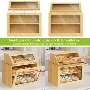 Caixa Organizadora de Pão Premium em Bambu 2 Andares | BreadBox Organiza™