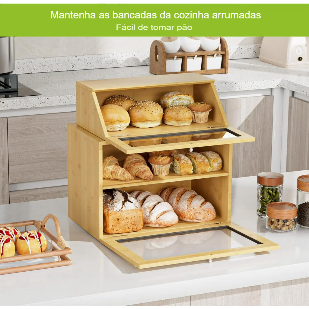 Caixa Organizadora de Pão Premium em Bambu 2 Andares | BreadBox Organiza™
