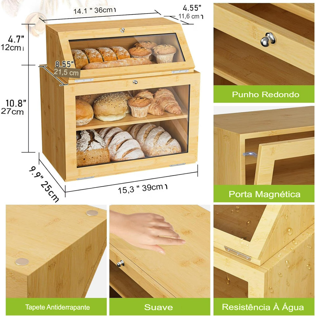 Caixa Organizadora de Pão Premium em Bambu 2 Andares | BreadBox Organiza™
