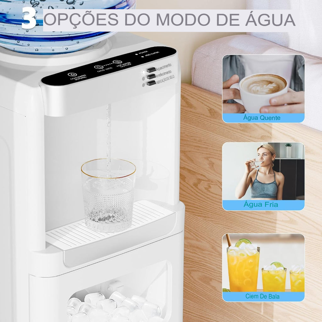 Dispenser com Máquina de Gelo AquaIce Pro™ 3 em 1 – Água Quente, Fria e Gelo Automático para Casa e Escritório