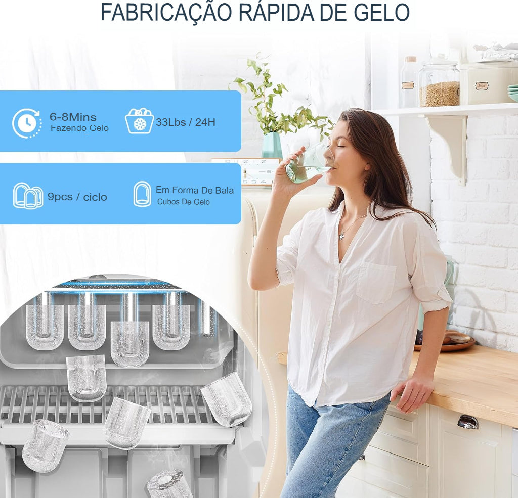 Dispenser com Máquina de Gelo AquaIce Pro™ 3 em 1 – Água Quente, Fria e Gelo Automático para Casa e Escritório
