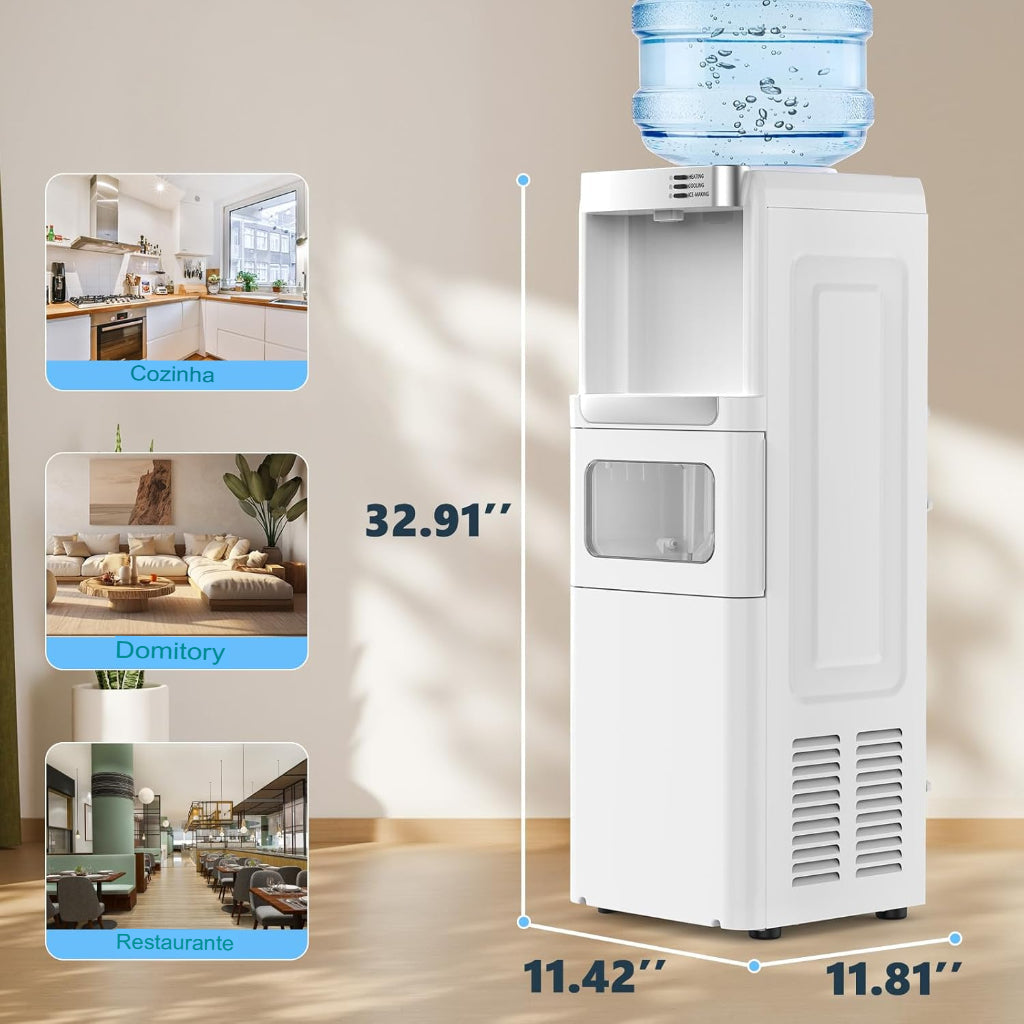Dispenser com Máquina de Gelo AquaIce Pro™ 3 em 1 – Água Quente, Fria e Gelo Automático para Casa e Escritório