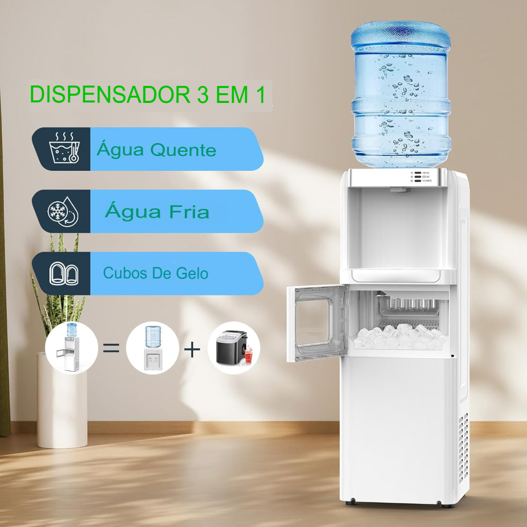 Dispenser com Máquina de Gelo AquaIce Pro™ 3 em 1 – Água Quente, Fria e Gelo Automático para Casa e Escritório
