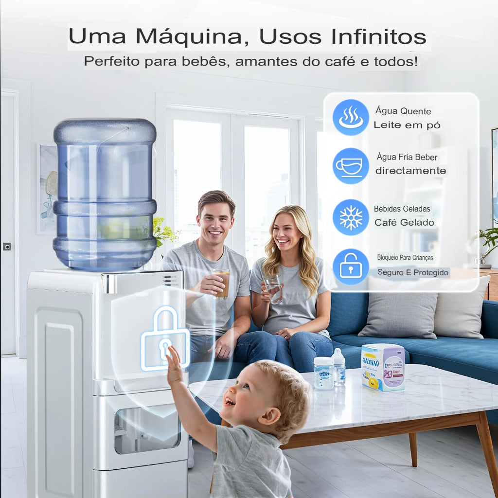 Dispenser com Máquina de Gelo AquaIce Pro™ 3 em 1 – Água Quente, Fria e Gelo Automático para Casa e Escritório