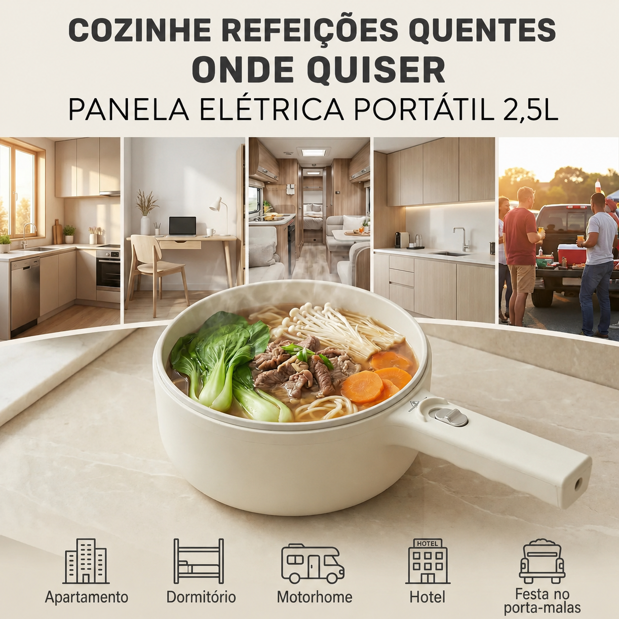 Panela Elétrica Multifuncional 2.5L Antiaderente ChefPot Pro para Cozinhar, Fritar e Cozinhar no Vapor