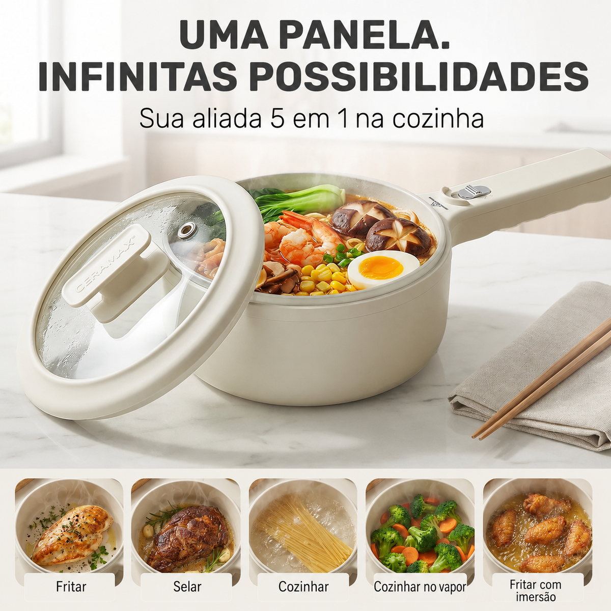 Panela Elétrica Multifuncional 2.5L Antiaderente ChefPot Pro para Cozinhar, Fritar e Cozinhar no Vapor