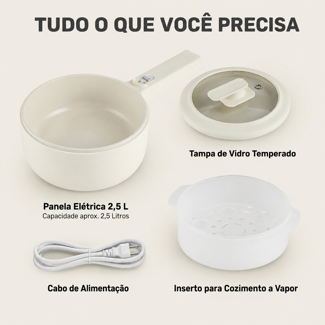 Panela Elétrica Multifuncional 2.5L Antiaderente ChefPot Pro para Cozinhar, Fritar e Cozinhar no Vapor