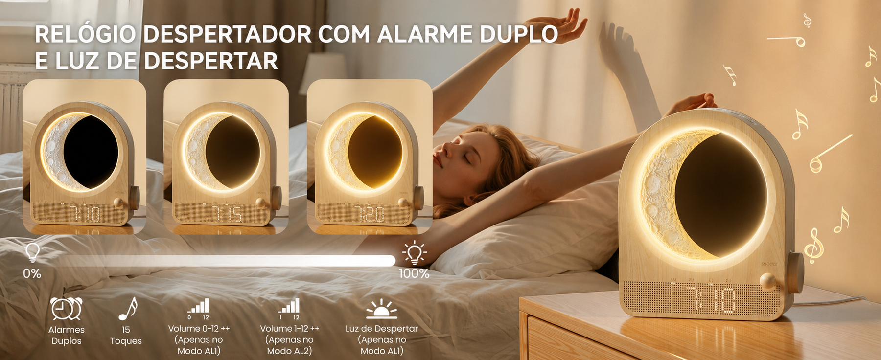 Lunari™ Glow | Despertador Lunar com Luz Ambiente LED e Simulador do Nascer do Sol