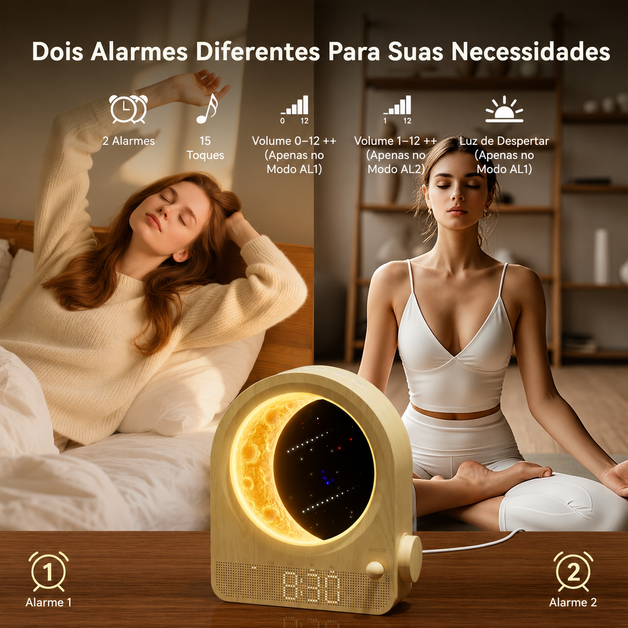 Lunari™ Glow | Despertador Lunar com Luz Ambiente LED e Simulador do Nascer do Sol