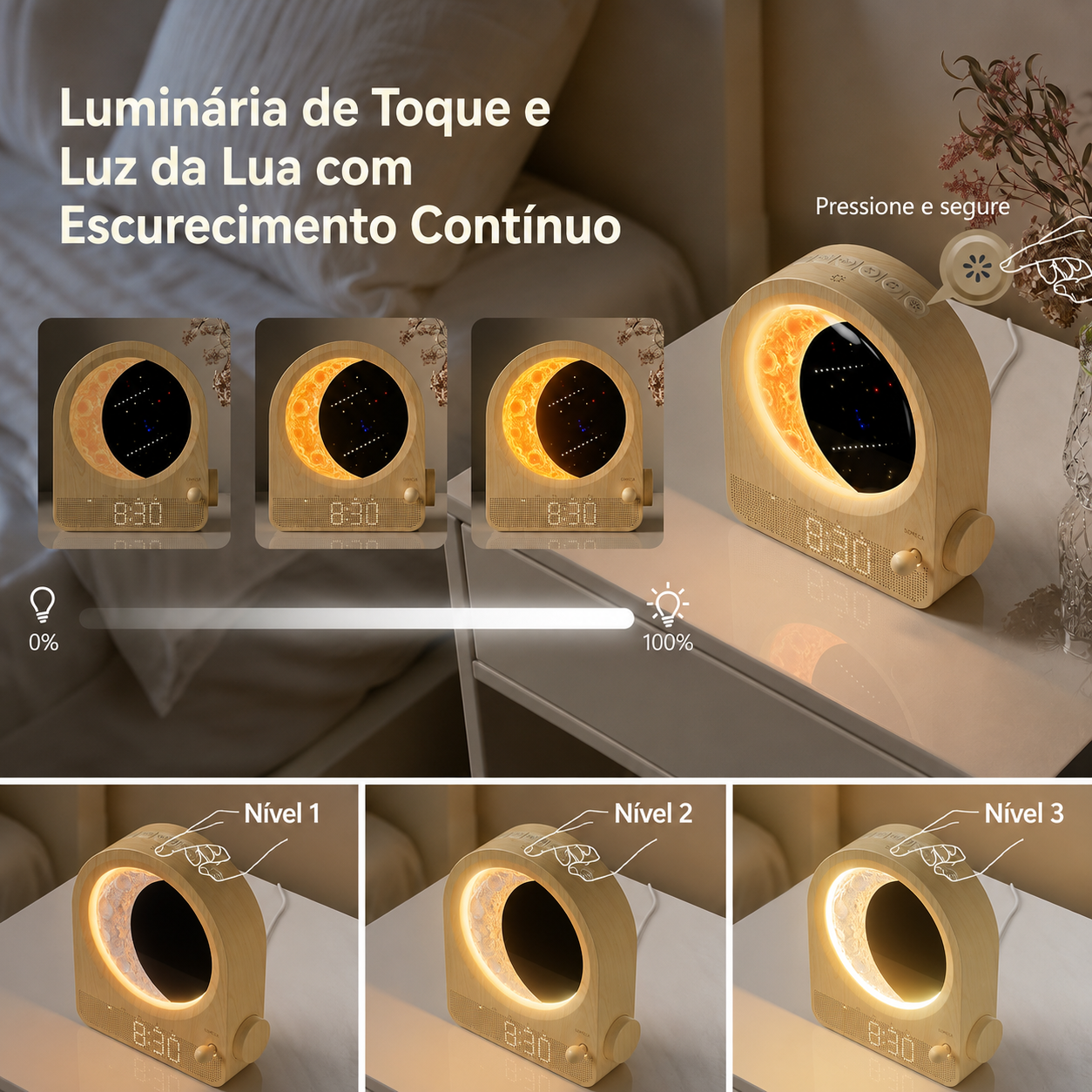 Lunari™ Glow | Despertador Lunar com Luz Ambiente LED e Simulador do Nascer do Sol