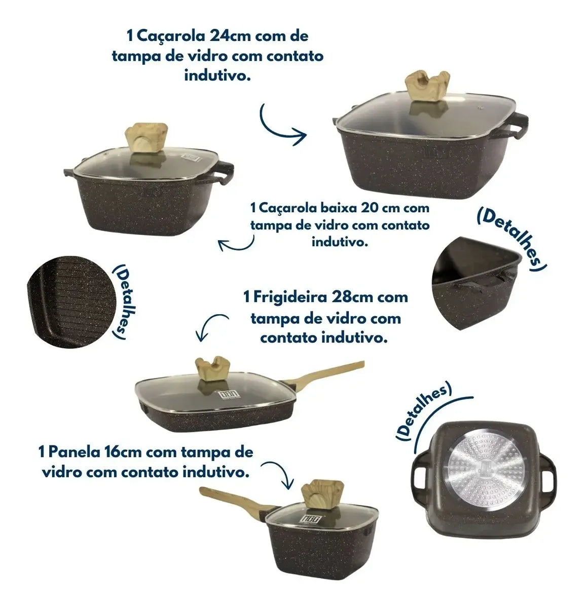 Jogo de Panelas Antiaderente 4 Peças Mármore Premium para Fogão Indução e Gás