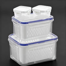 Conjunto de 10 Peças: 4 Recipientes + 4 Tampas + 2 Cestos de Drenagem. Recipientes para Armazenamento de Alimentos com Tampas de Encaixe e Cestos de Drenagem - À Prova de Vazamentos, Caixas de Armazenamento para Geladeira, Organizadores de Cozinha Reutili