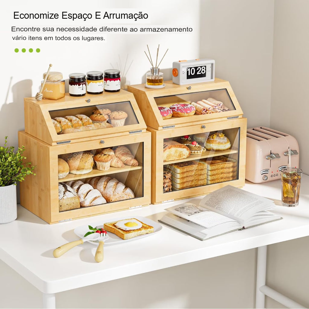 Caixa Organizadora de Pão Premium em Bambu 2 Andares | BreadBox Organiza™